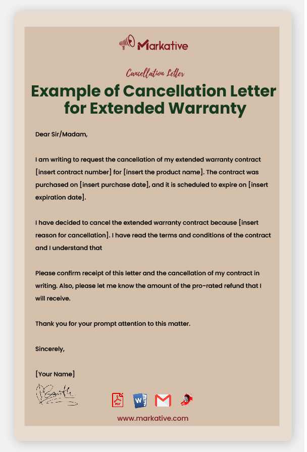 Example of Cancellation Letter for Extended Warranty