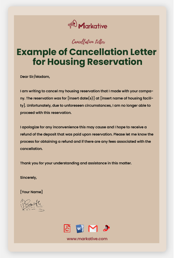 Example of Cancellation Letter for Housing Reservation