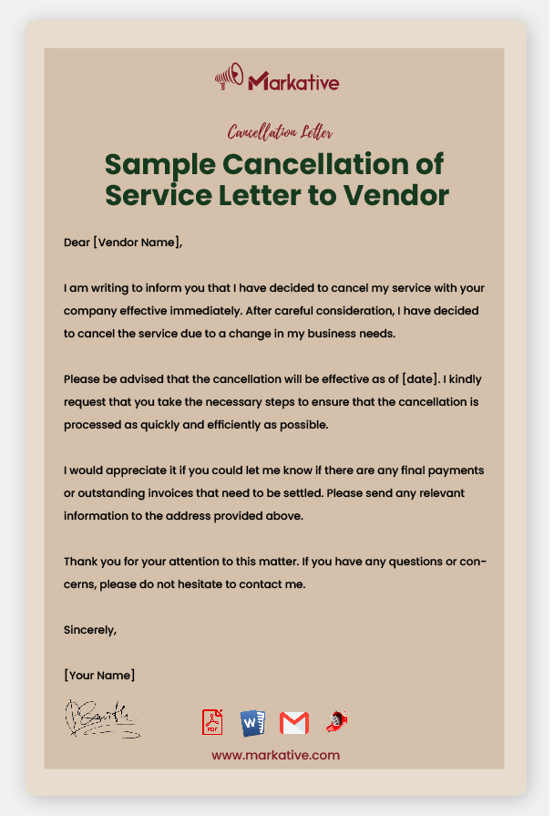 Example of Cancellation of Service Letter to Vendor
