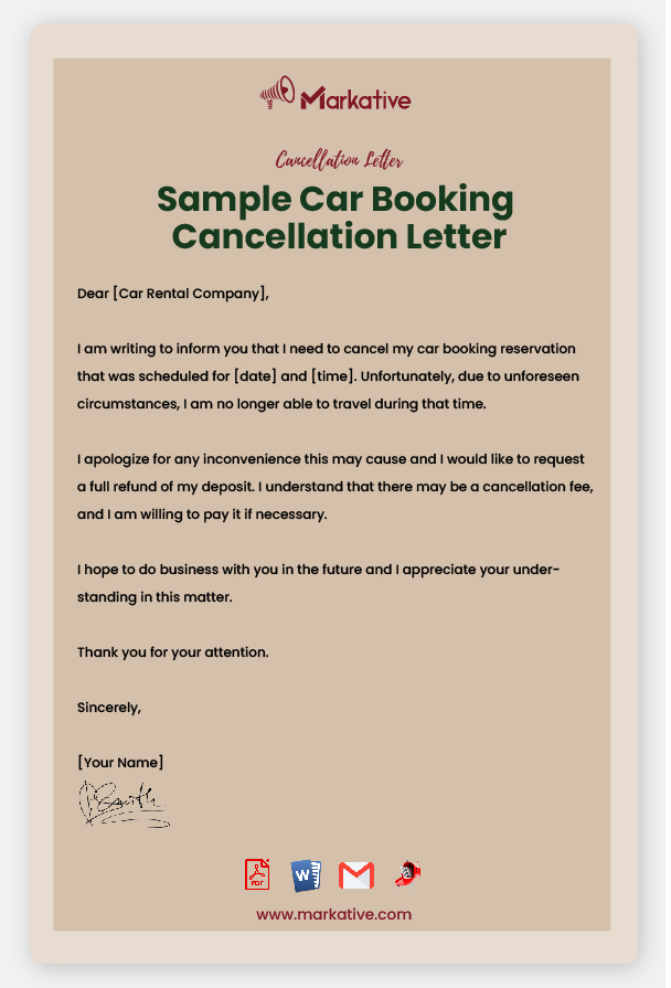Example of Car Booking Cancellation Letter