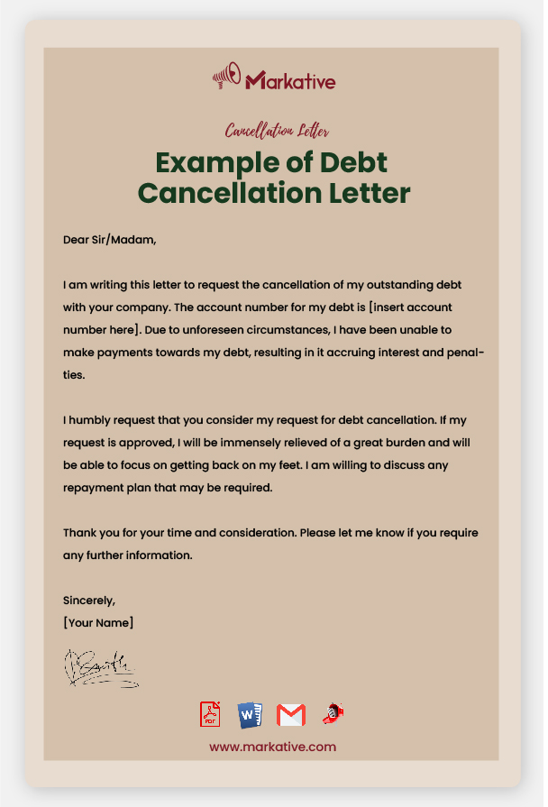 Example of Debt Cancellation Letter