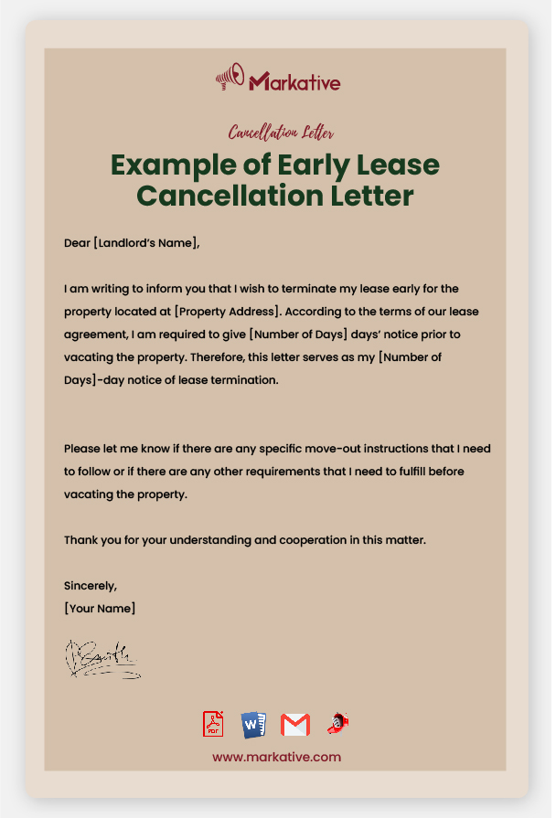 Example of Early Lease Cancellation Letter