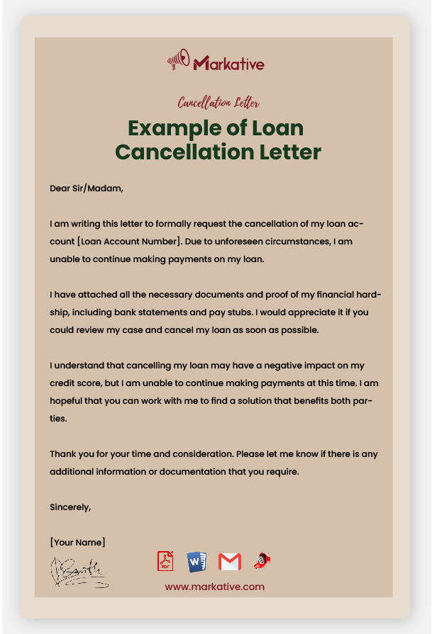 Example of Loan Cancellation Letter