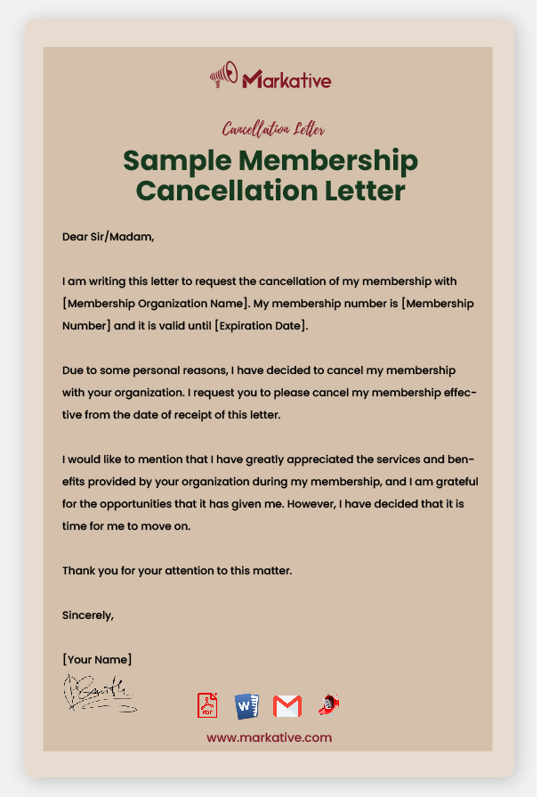 Example of Membership Cancellation Letter
