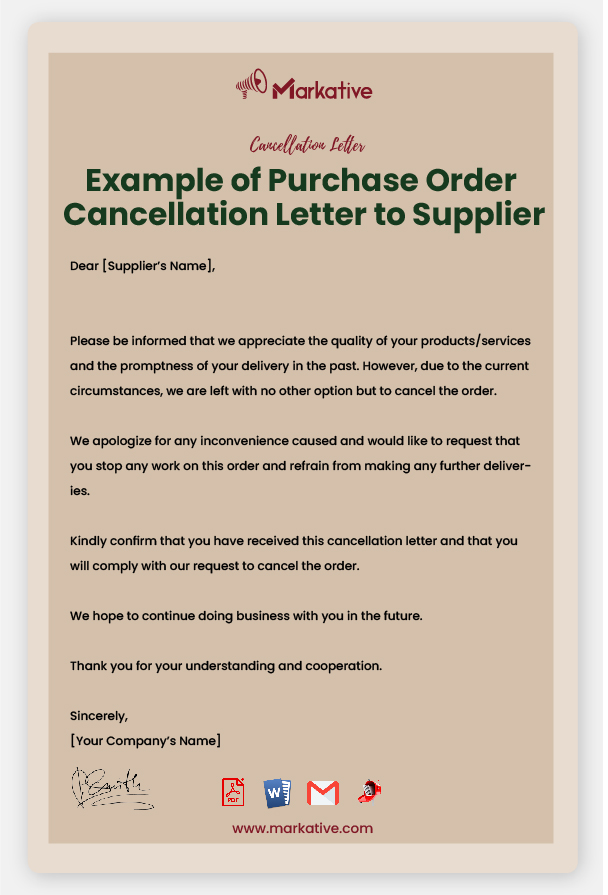 Example of Purchase Order Cancellation Letter to Supplier