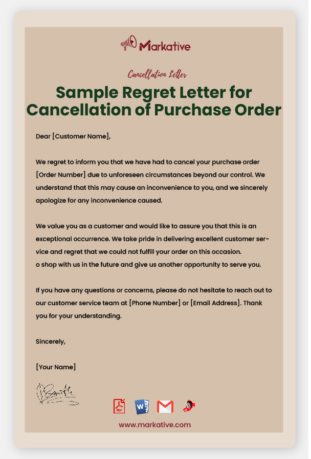 Example of Regret Letter for Cancellation of Purchase Order