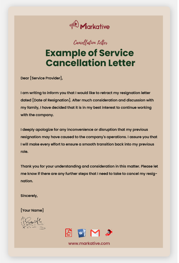 Example of Service Cancellation Letter