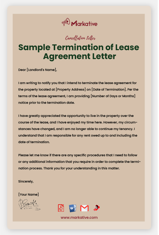 Example of Termination of Lease Agreement Letter