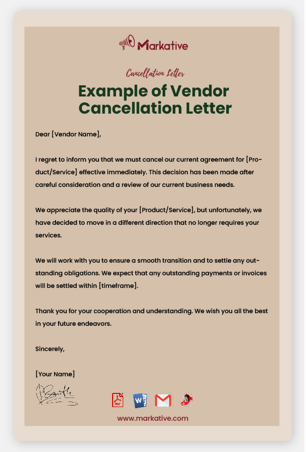 Example of Vendor Cancellation Letter