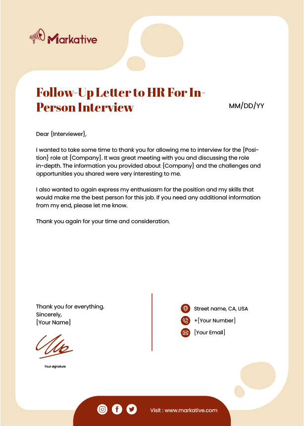 Follow-Up Letter to HR For In-Person Interview