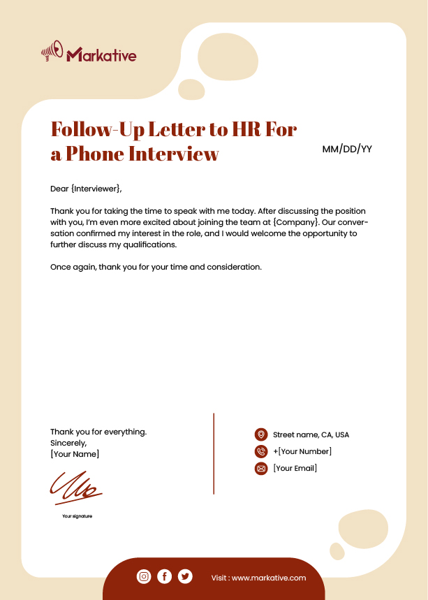 Follow-Up Letter to HR For a Phone Interview