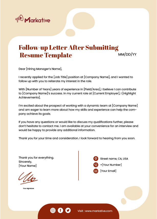 Follow-up Letter After Submitting Resume Template
