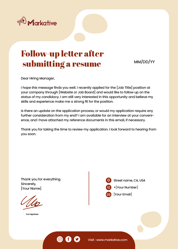 Follow-up letter after submitting a resume