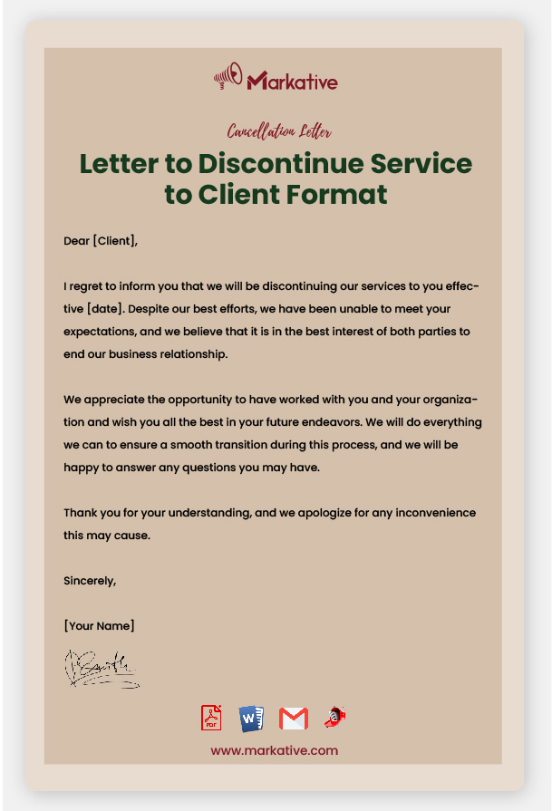 Letter to Discontinue Service to Client Format