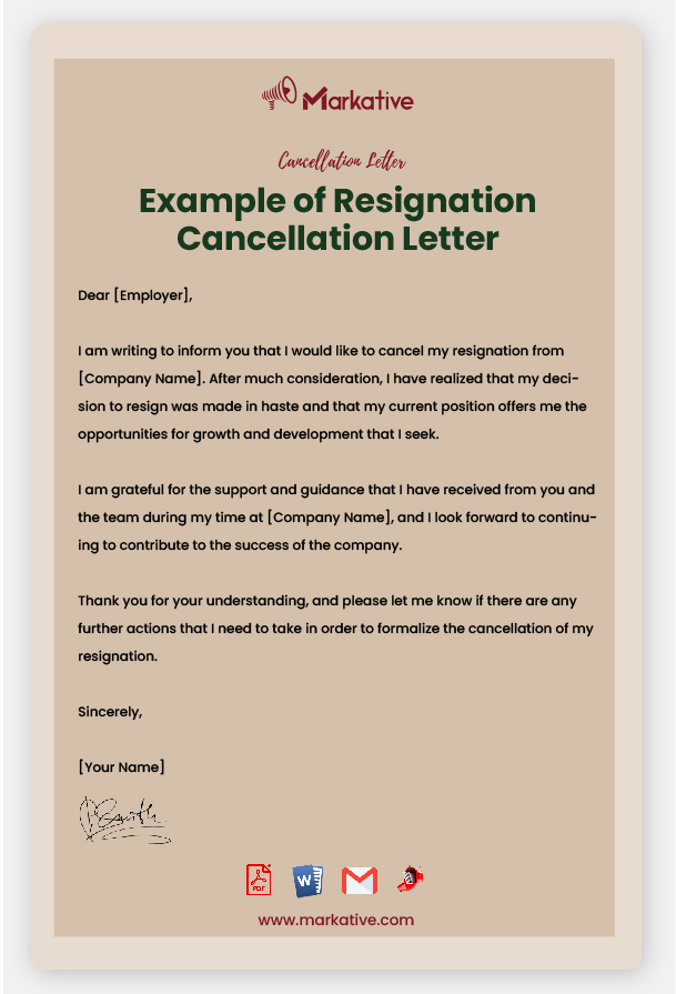 Resignation Cancellation Letter Format