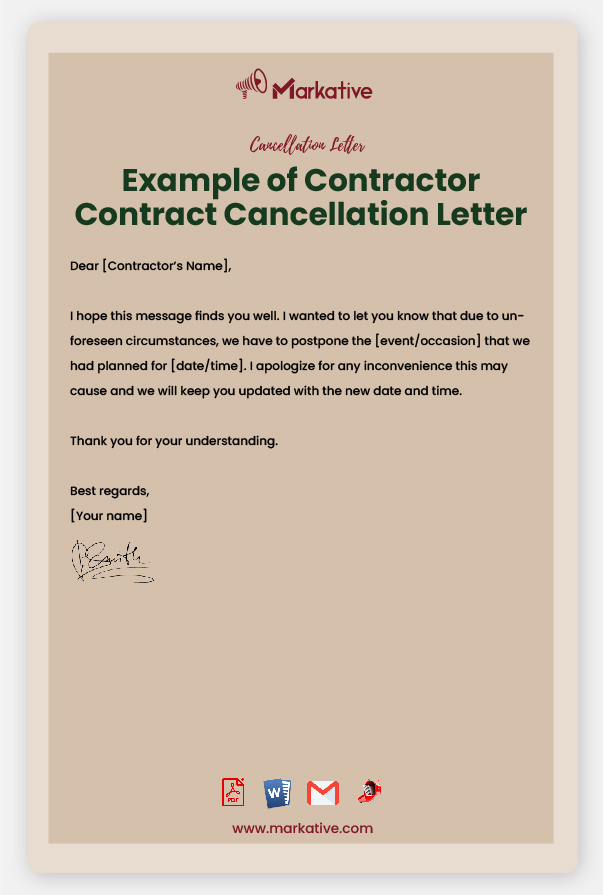 Sample Contractor Contract Cancellation Letter