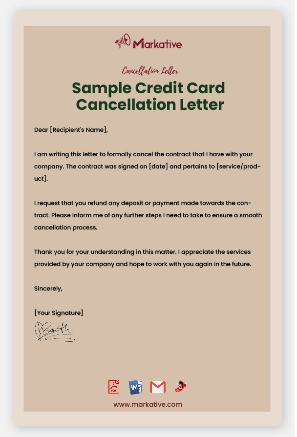 Sample Credit Card Cancellation Letter