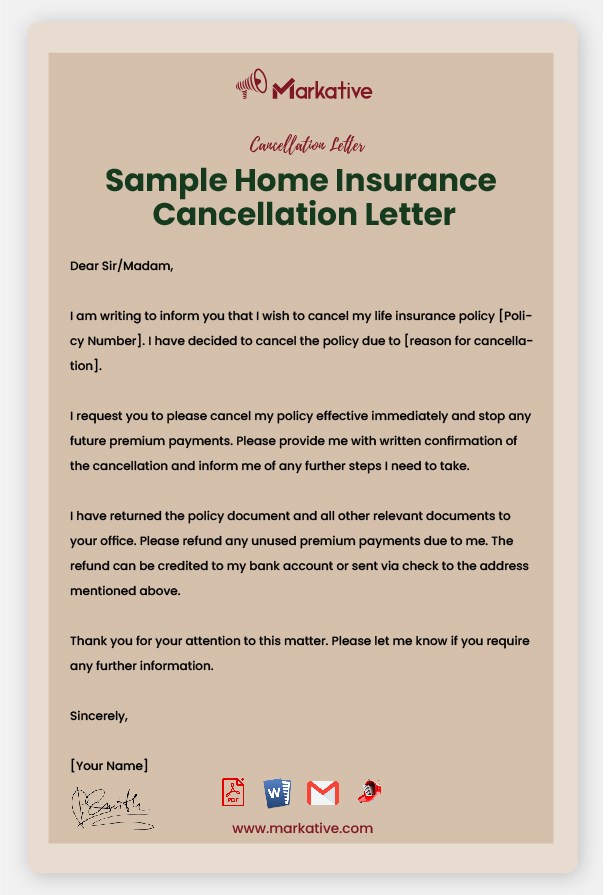 Sample Home Insurance Cancellation Letter