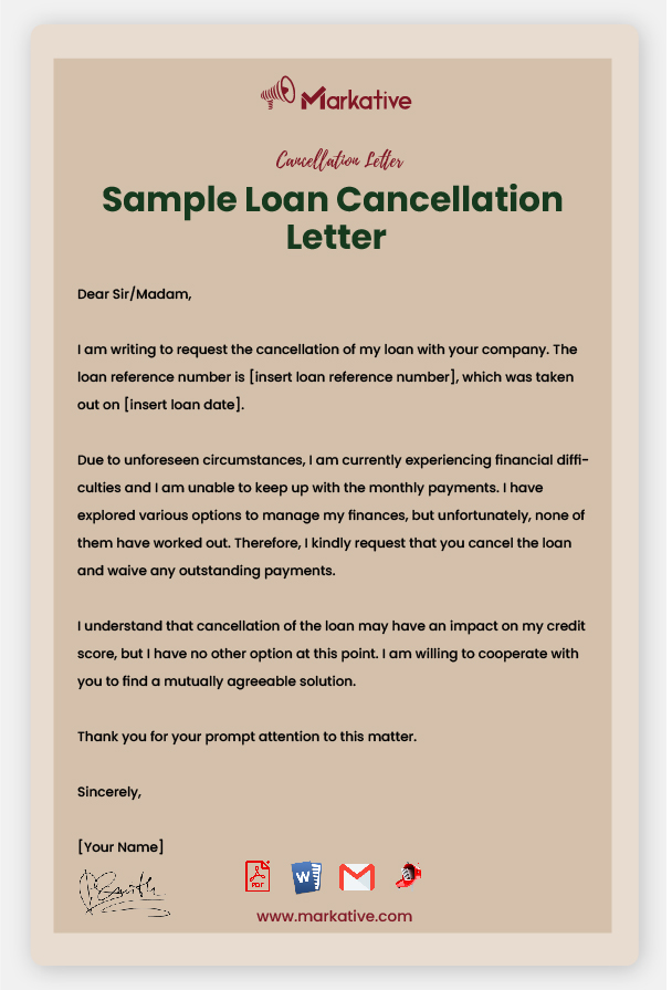 Sample Loan Cancellation Letter