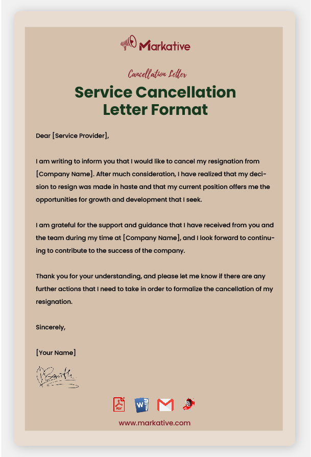 Service Cancellation Letter Format