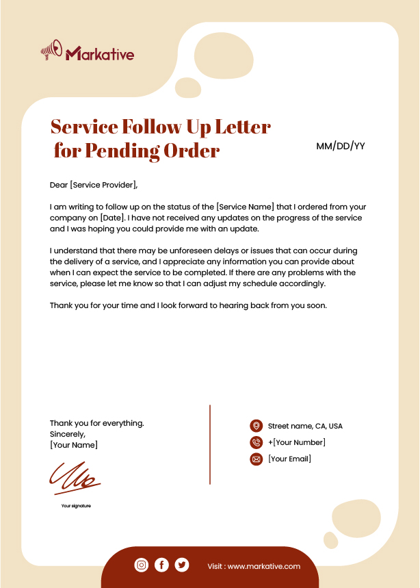 Service Follow Up Letter for Pending Order