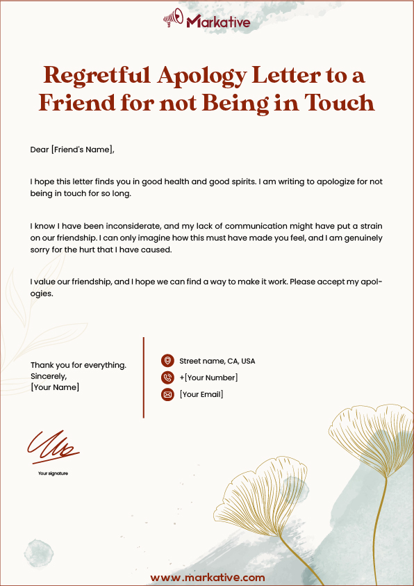 Simple Apology Letter to a Friend for not Being in Touch