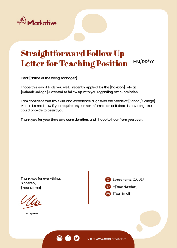 Straightforward Follow Up Letter for Teaching Position