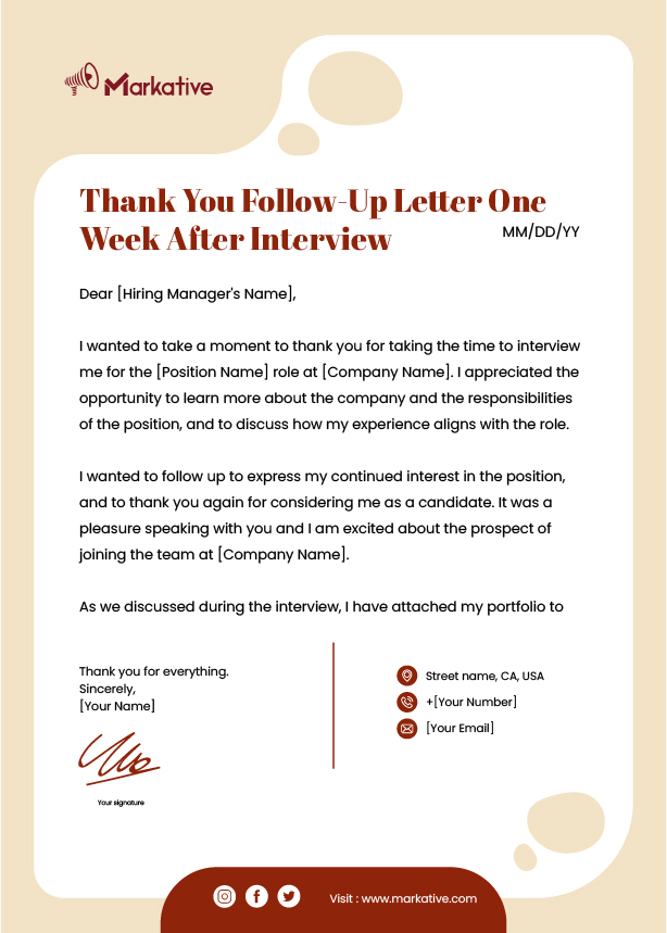 Thank You Follow-Up Letter One Week After Interview