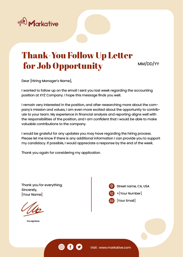 Thank-You Follow Up Letter for Job Opportunity