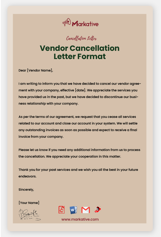 Vendor Cancellation Letter Format