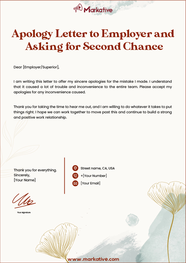best apology letter to employer and asking for second chance