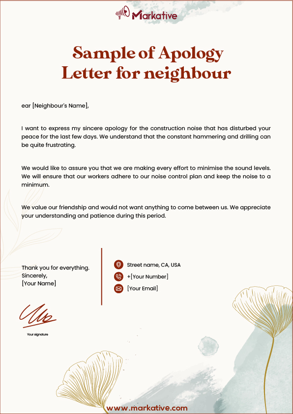 best apology letter to neighbor for construction noise
